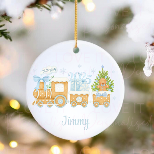 Personalised Ceramic Christmas Ornament - Pink Or Blue 1st Christmas Train Design