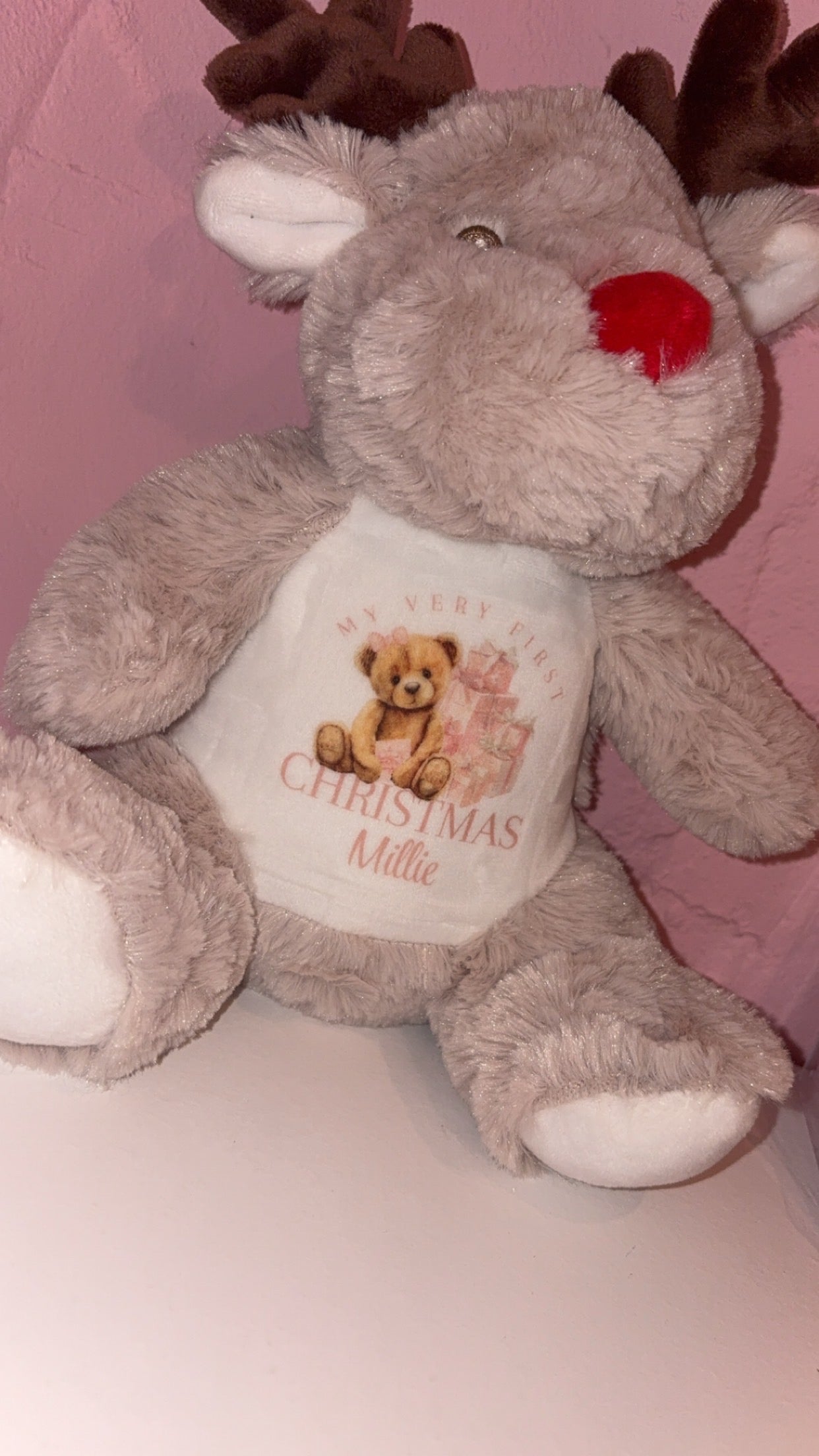 Personalised Reindeer Teddy - Pink/Blue Bear 1st Christmas Design
