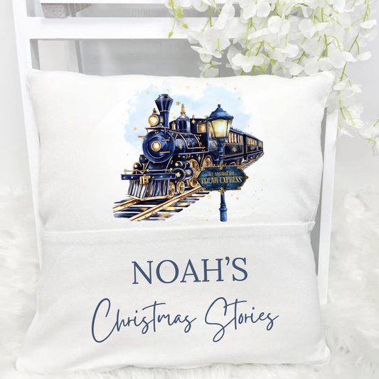 Personalised Christmas Pocket Cushion - Pink Or Blue Train Design
