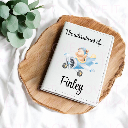 Personalised Pink/Blue Bear Plane Passport Cover