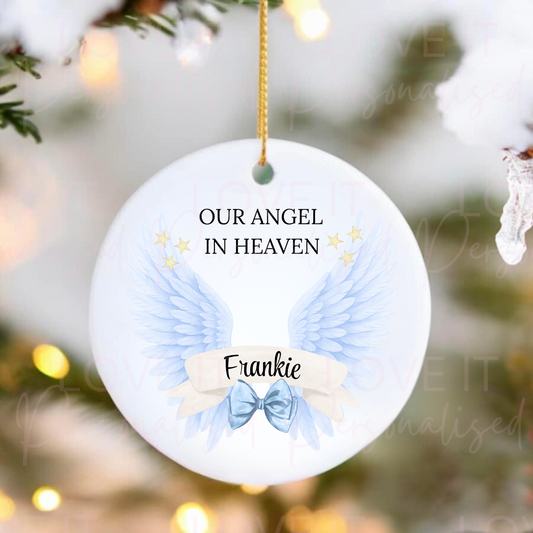 Personalised Blue Memorial Angel Wings Ceramic Ornament