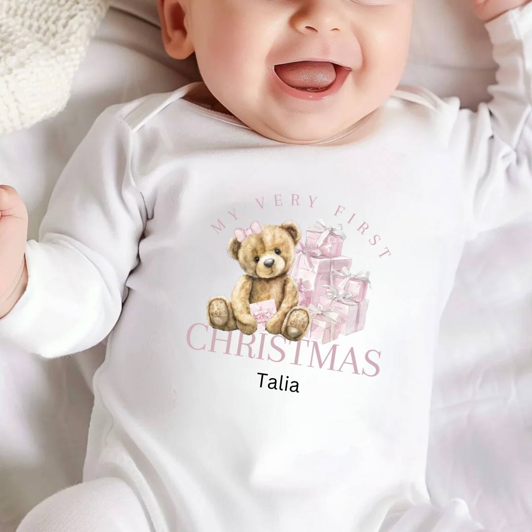 Personalised Christmas Bodysuit/Babygrow - Pink/Blue 1st Christmas Bear Design