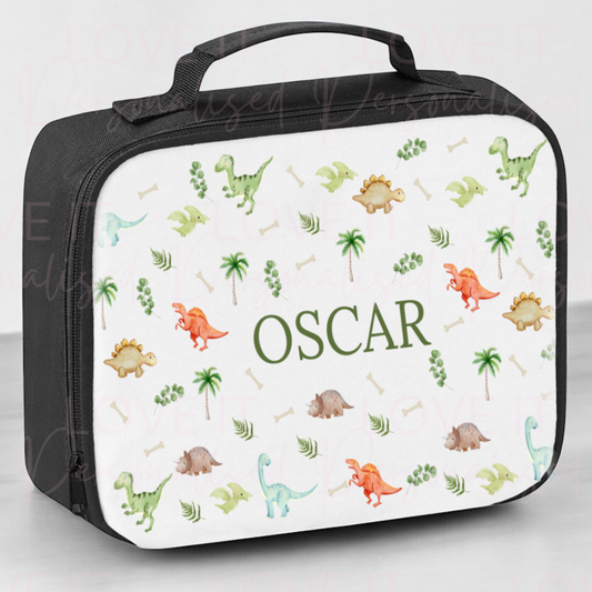 Personalised Dinosaur Black Lunch Bag