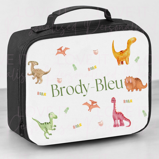 Personalised Dinosaur Black Lunch Bag
