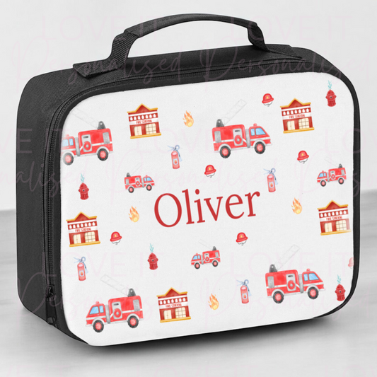 Personalised Firetruck Black Lunch Bag