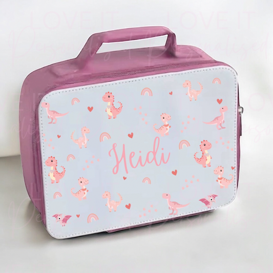 Personalised Pink Dinosaur Pink Lunch Bag
