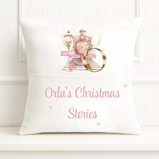Personalised Christmas Pocket Cushion - Pink Or Blue Initial Train Design - INCLUDES FREE CHRISTMAS BOOK