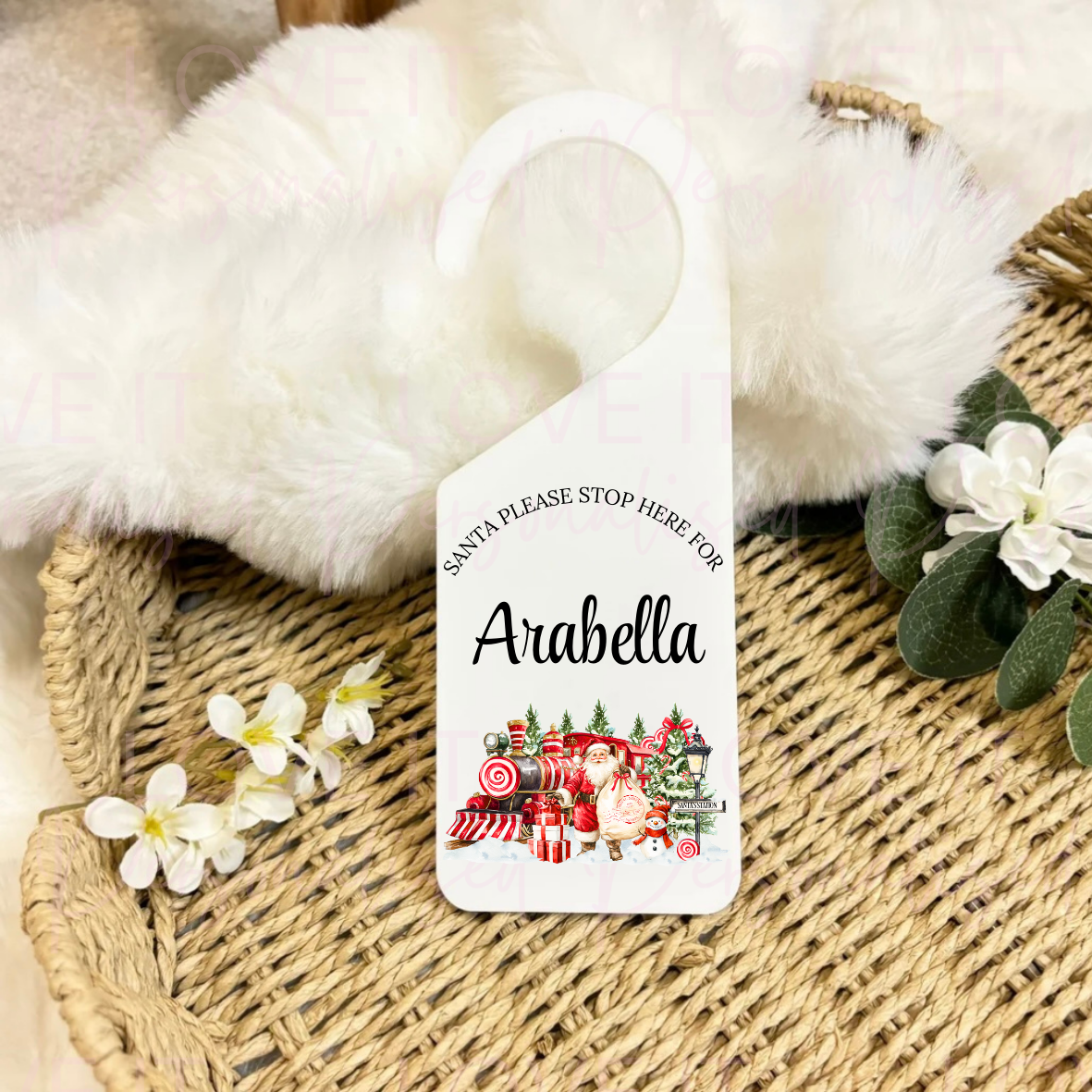 Personalised Santa Stop Here Door Hanger - Santa Train Design