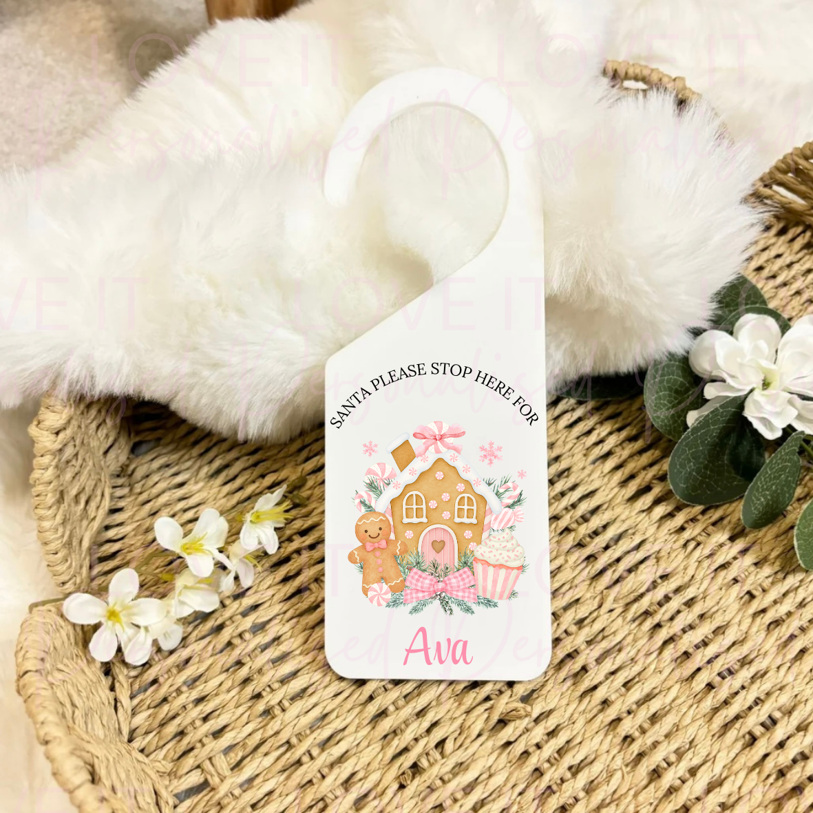 Personalised Santa Stop Here Door Hanger - Gingerbread House Pink/Blue Design