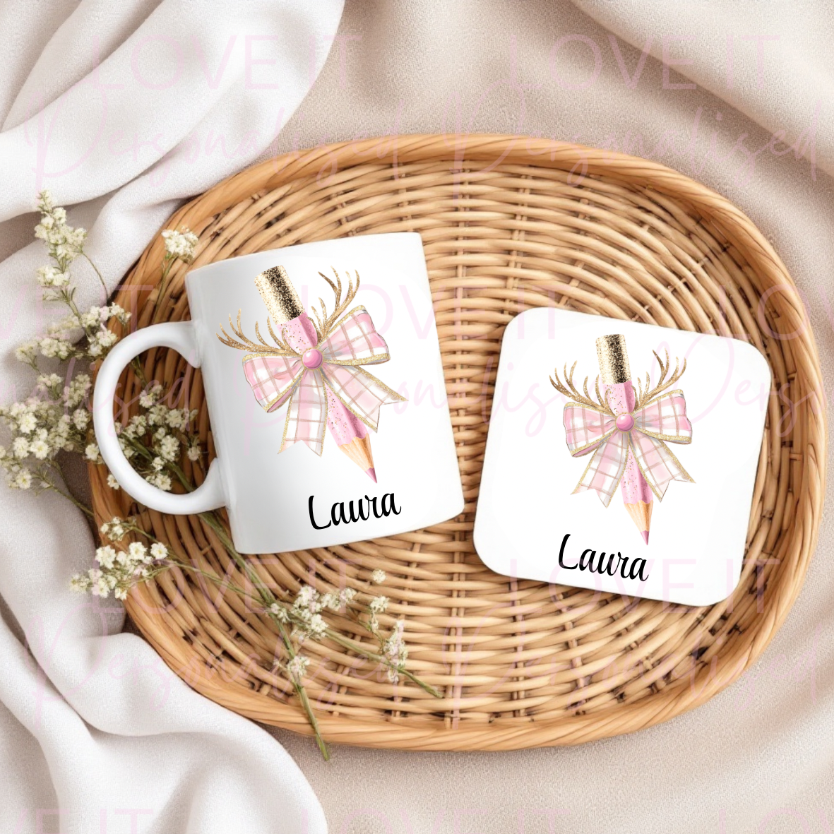 Personalised Christmas Pencil Bow Mug/Coaster