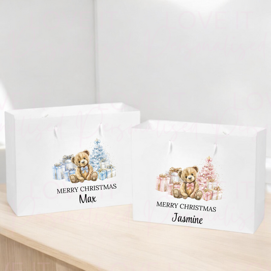 Personalised Christmas Gift Bag - Pink/Blue Bear Present Design