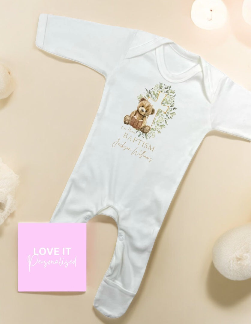 Personalised Baptism Bodysuit/Babygrow - Bear Cross Design