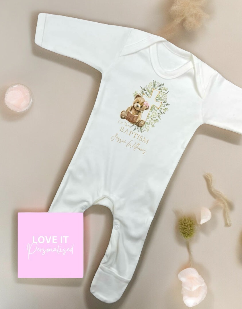 Personalised Baptism Bodysuit/Babygrow - Pink Bow Bear Cross Design