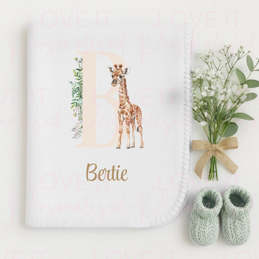 Personalised Giraffe White Baby Blanket