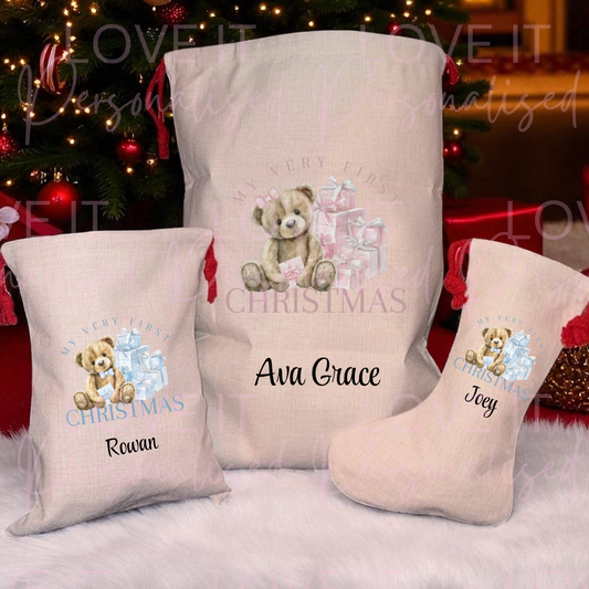Personalised My First Christmas Bear Initial Stocking/Sack