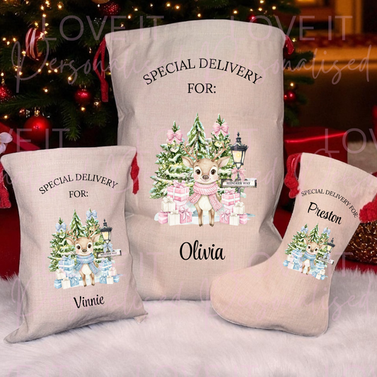 Personalised Christmas Reindeer Scene Stocking/Sack