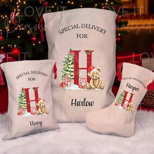 Personalised Christmas Bear Initial Stocking/Sack
