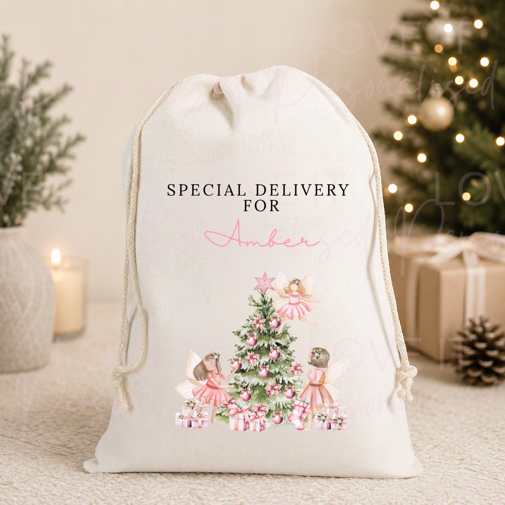Personalised Fairy Christmas Linen Stocking/Sack