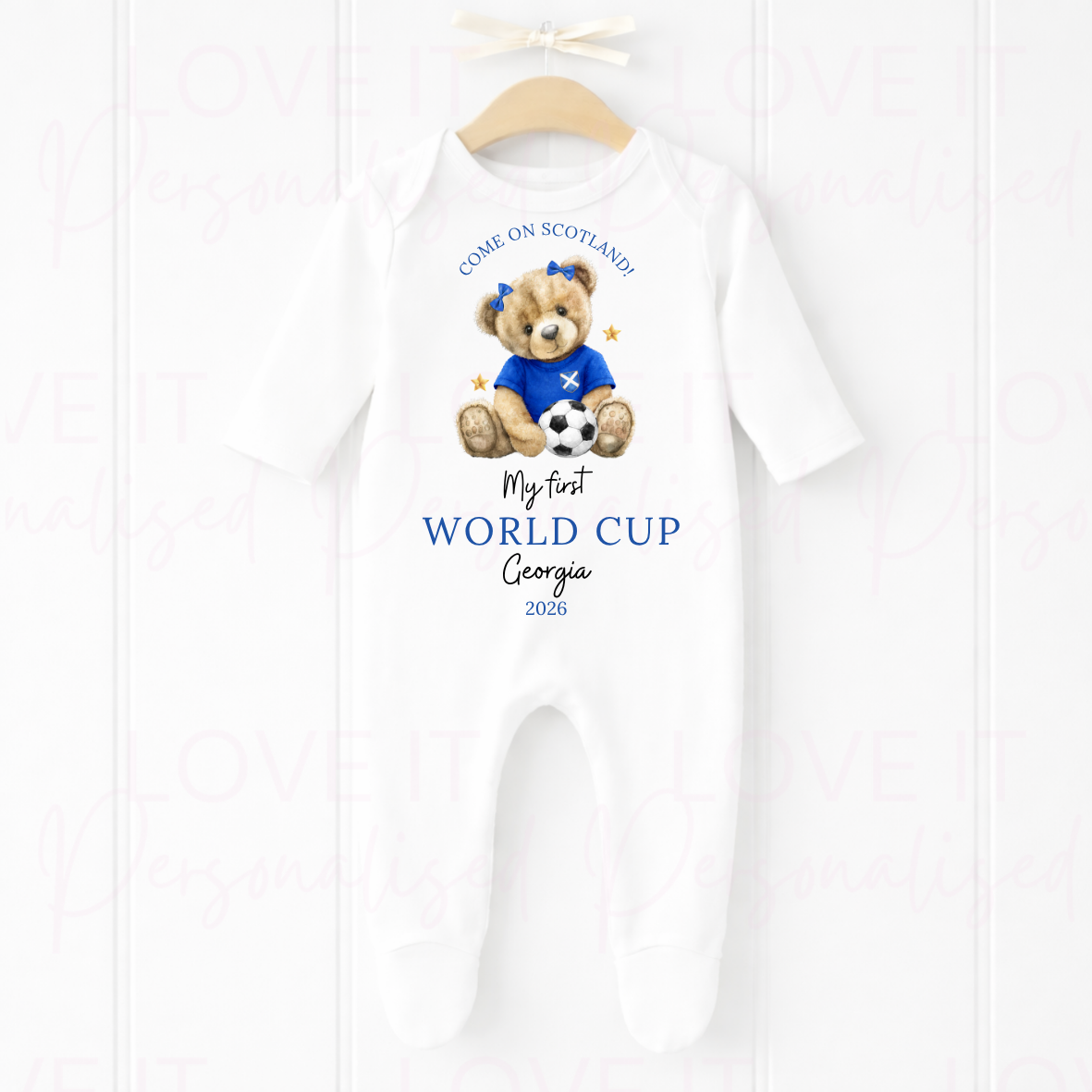 Personalised 1st Football Scotland World Cup Baby Bib/Sleepsuit