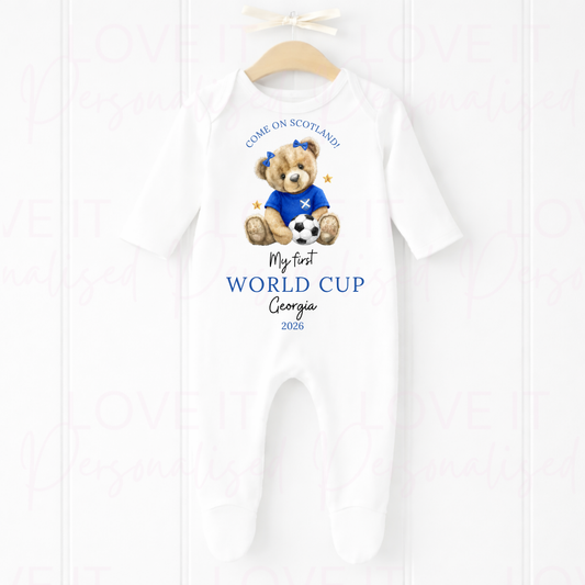Personalised 1st Football Scotland World Cup Baby Bib/Sleepsuit