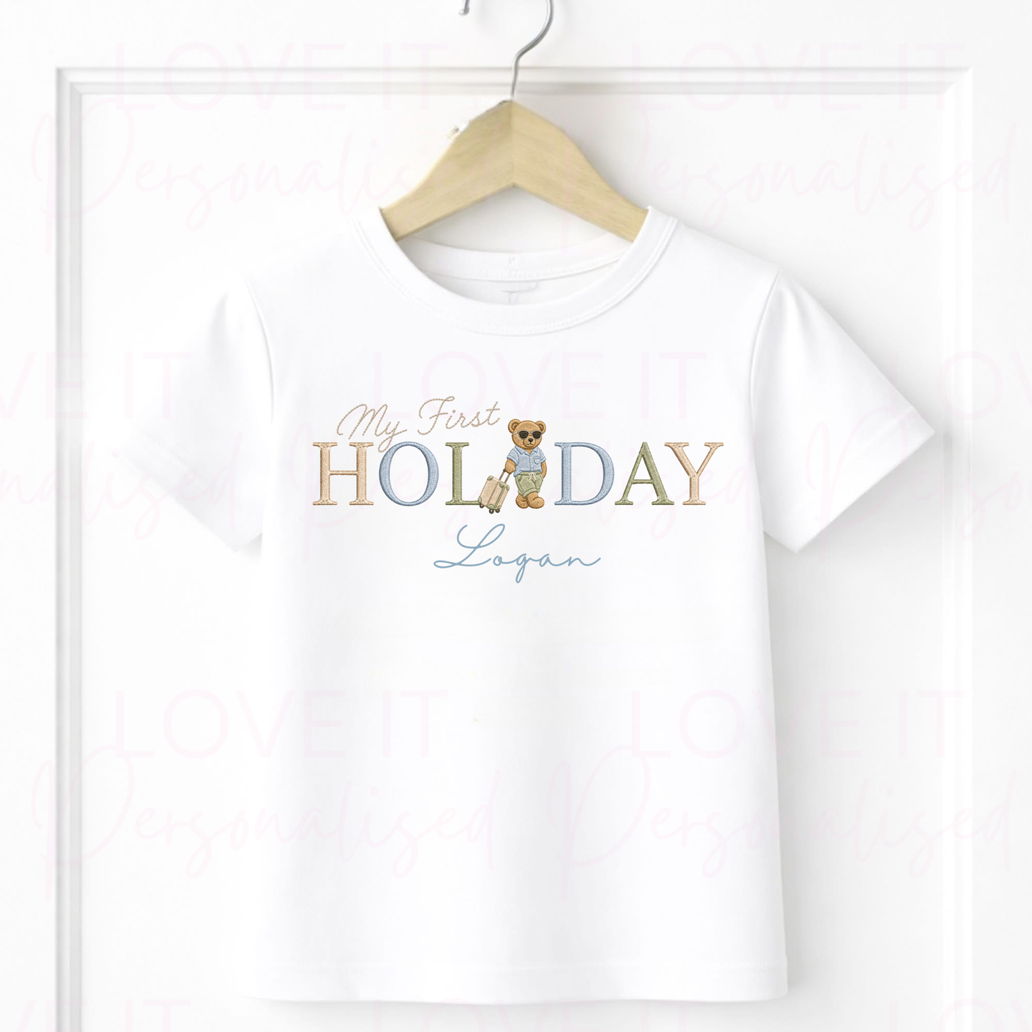 Personalised First Holiday Bear T-Shirt - Pink/Blue