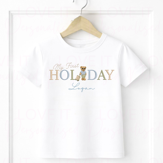 Personalised First Holiday Bear T-Shirt - Pink/Blue