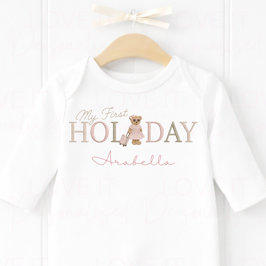 Personalised First Holiday Bear Bib/Bodysuit/Sleepsuit
