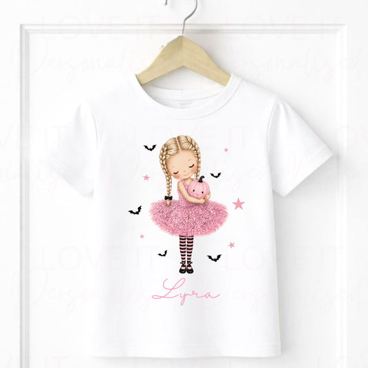 Personalised Girl Halloween T-Shirt - Pink/Orange