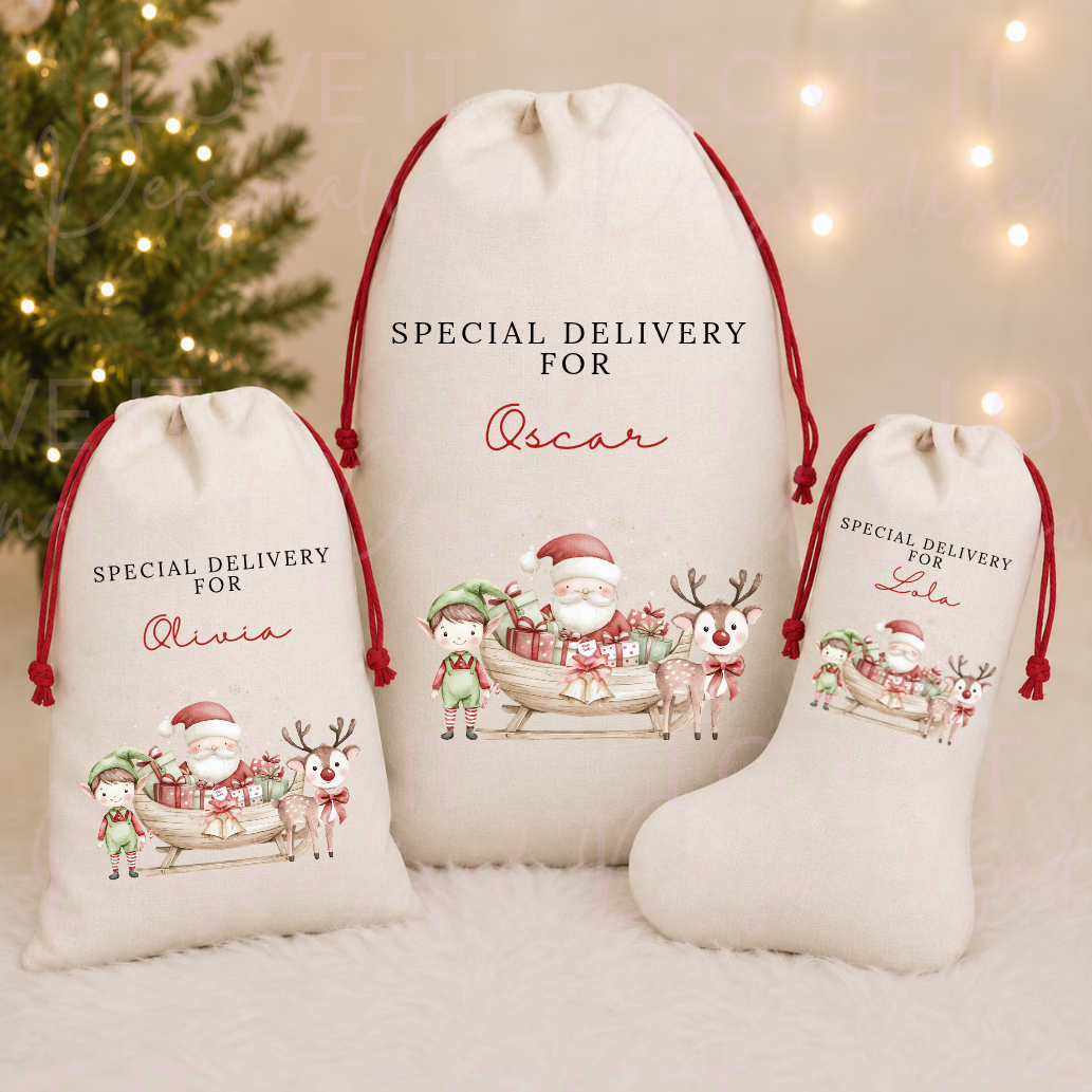 Personalised Santa Sleigh Christmas Linen Stocking/Sack