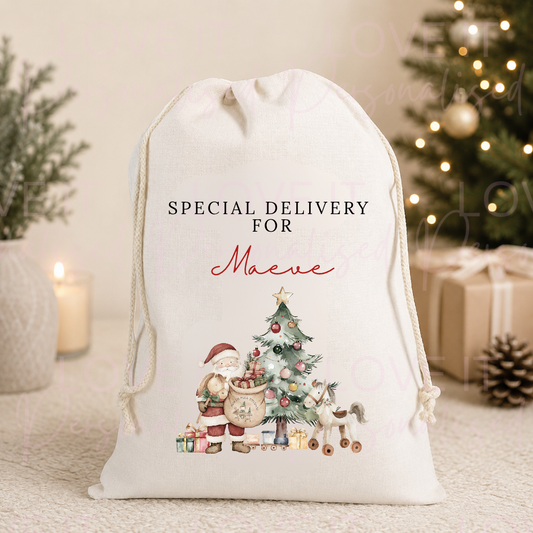 Personalised Santa Christmas Linen Stocking/Sack
