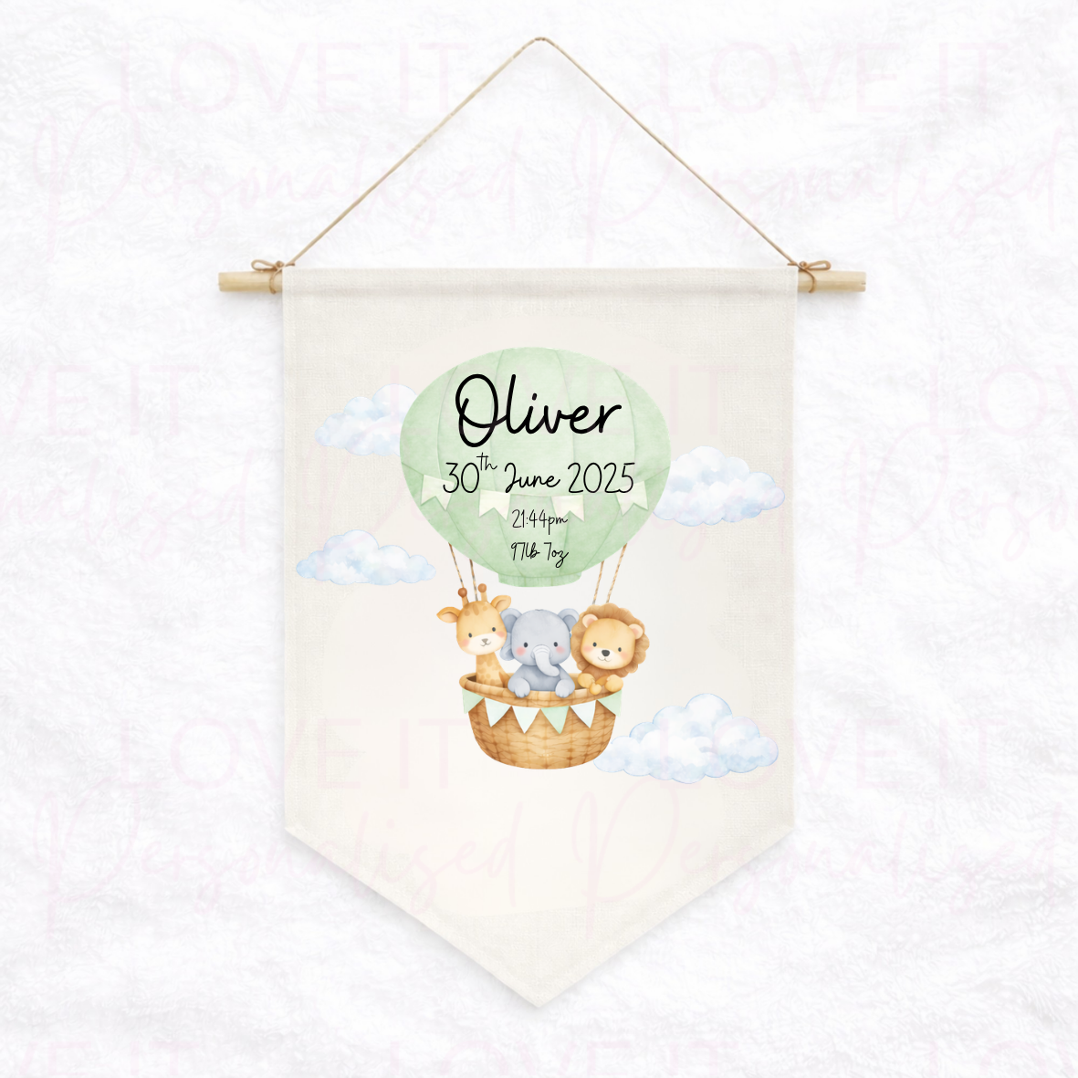 Personalised New Baby Safari Animal Nursery Decor Linen Hanging Flag Pennant