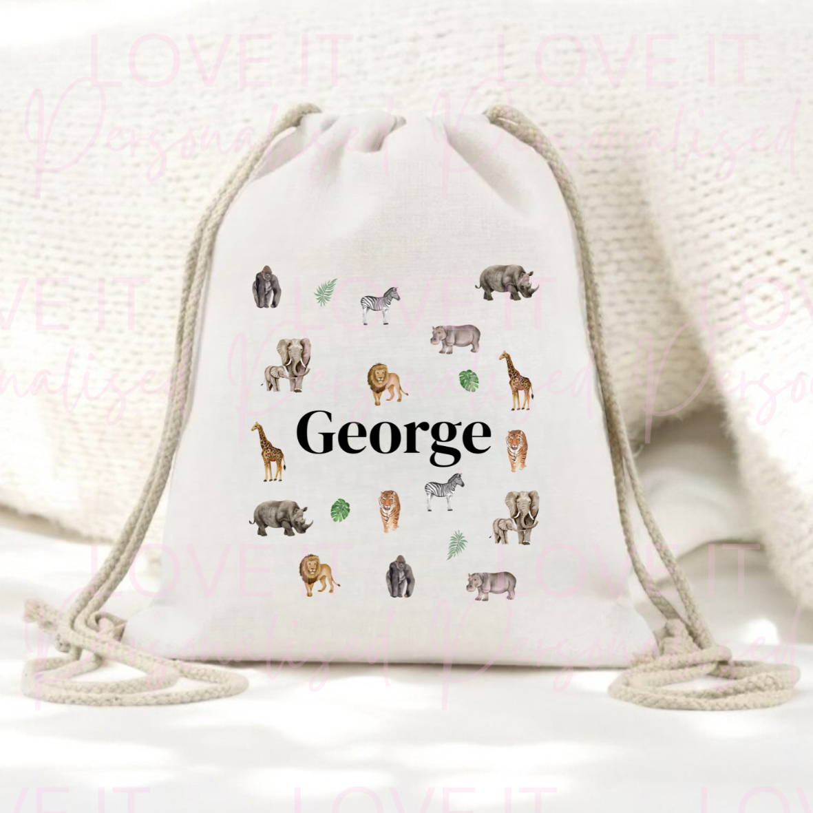 Personalised Children’s Drawstring Pe/Swim Bag - Safari Animal Design