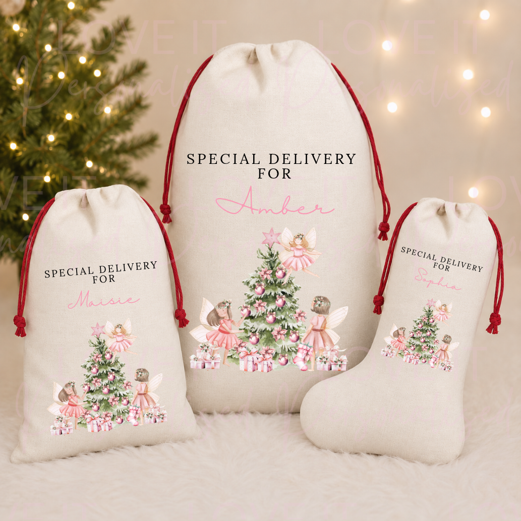 Personalised Fairy Christmas Linen Stocking/Sack