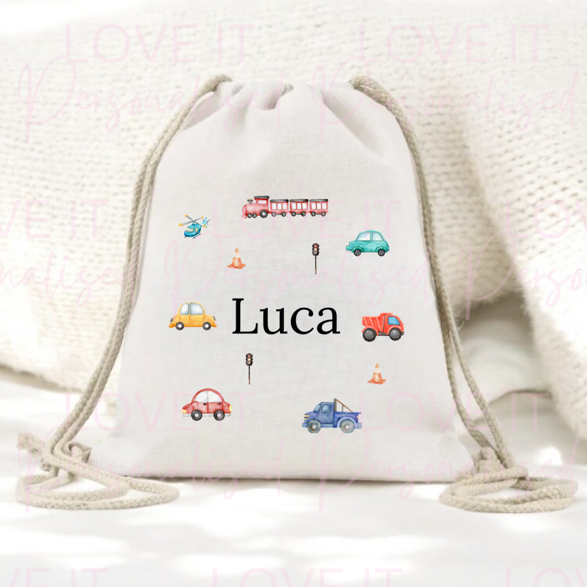 Personalised Children’s Drawstring Pe/Swim Bag - Transport Design